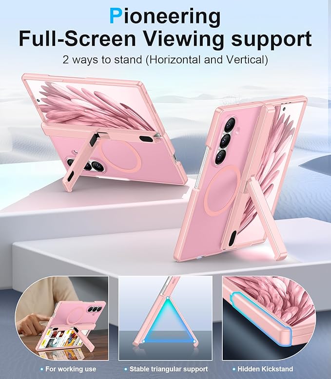 Temdan Magnetic for Samsung Galaxy Z Fold 7 Case,[Compatible with MagSafe][Built-in HD Screen Protector&Invisible Kickstand][Hinge Protection]Translucent Matte Shockproof Phone Case for Z Fold 7,Pink