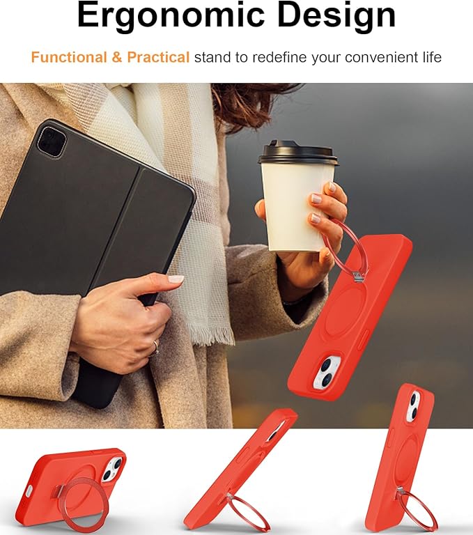 ZHK Liquid Silicone Designed for iPhone 15 Case with Magnet Stand, [Mil-Grade Drop Shockproof][Soft Anti-Scratch Microfiber Lining] Slim Fit Cover, Red