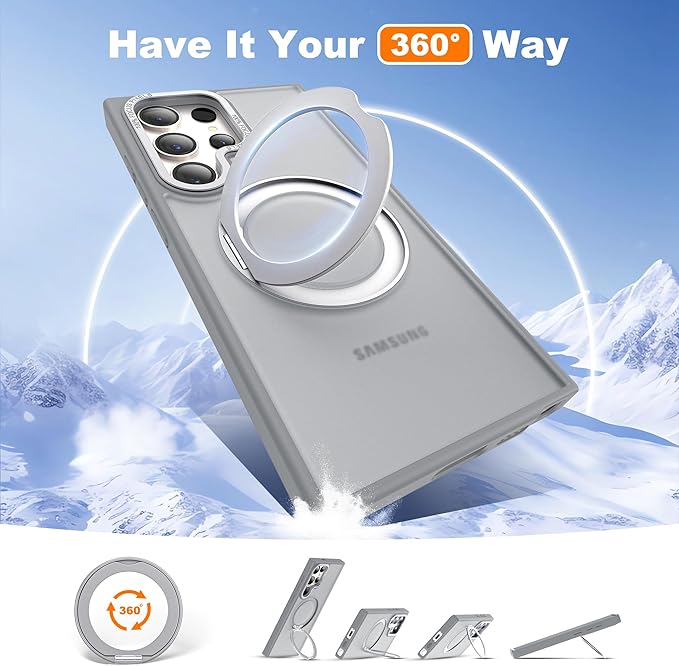 Compatible with Samsung Galaxy S24 Ultra Case with 360Rotatable Magnetic Ring Stand Compatible with Mag-Safe Military Protection Matte Translucent Phone Cases for S24 Ultra 6.8",Gray