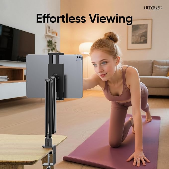 Urmust Tablet Stand for Desk, Adjustable iPad Holder Clamp Mount, 360° Rotation, Sturdy Aluminum Tablet Arm Mount for 4.7"-13" iPad Pro/Air/Mini, iPhone, Galaxy Tab, for Kitchen, Work, Video Call