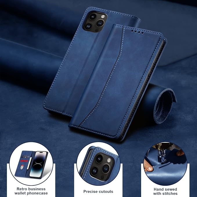 Jasonyu Flip Wallet Case for iPhone 14 Pro 5G,Leather Magnetic Folio Cover with Card Holder,Kickstand - TPU Shockproof Durable Protective Phone Case,Blue