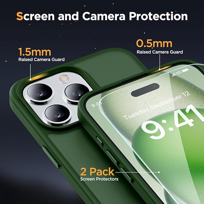 Miracase Magnetic for iPhone 15 Pro Max Case 6.7 inch (Compatible with MagSafe)（with 2X Screen Protectors）Military-Grade Protection, Anti-Fingerprint Translucent Matte Phone Cover, Dark Green
