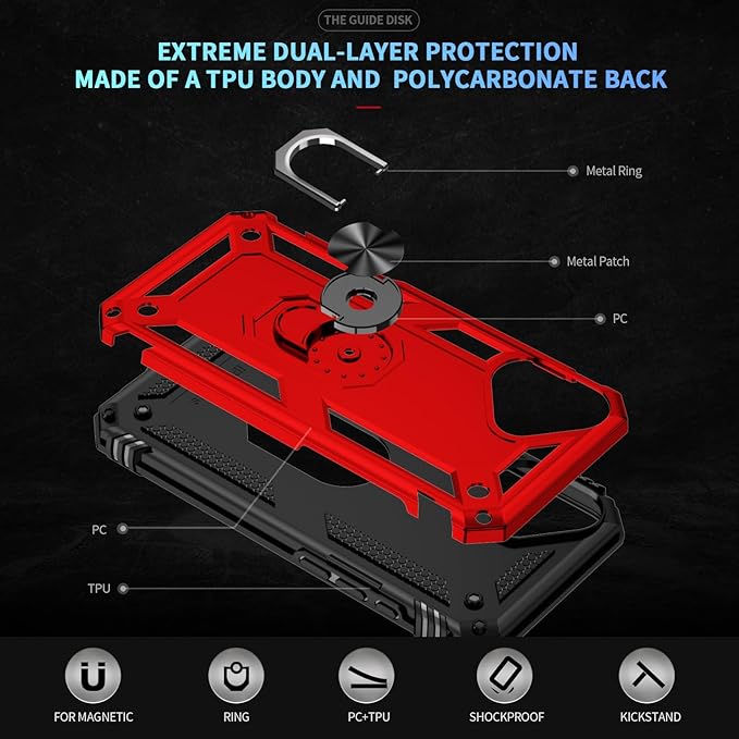ADDIT Compatible with iPhone 17 Case with Tempered Glass Screen Protector, Adjustable Kickstand Ring, Military-Grade Heavy Duty Protection, Shockproof, Anti-Fingerprint,Red