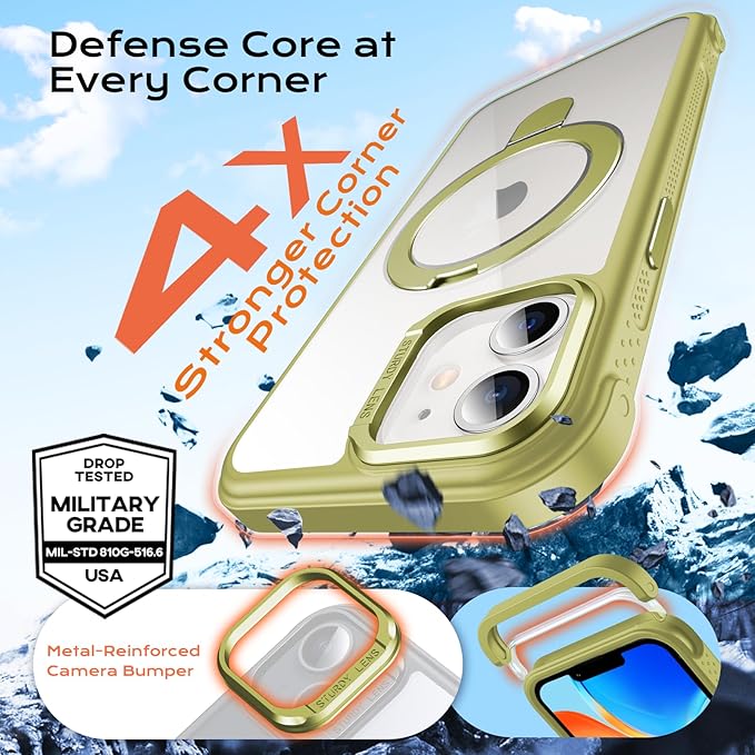 Anqrp O-Ring Magnetic Kickstand Clear Case for iPhone 12/12 Pro, Compatible with Mag-Safe, Military-Grade Reinforced 4-Corners Anti-Yellowing Transparent Phone Case Cover for iPhone 12/12 Pro, Green