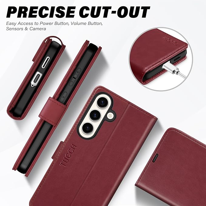 TUCCH Wallet Case for Galaxy S25 Plus 5G, Magnetic Kickstand RFID Blocking Card Slot Folio PU Leather Protective Flip Cover with TPU Shockproof Inner Case Compatible with Galaxy S25 Plus, Dark Red