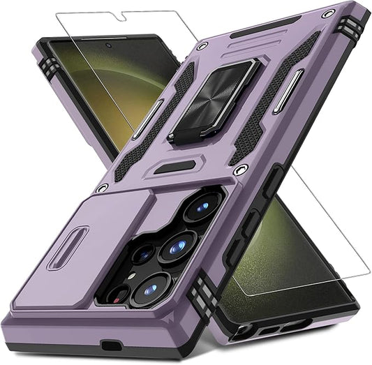 DEERLAMN Case for Samsung Galaxy S25 Ultra with Slide Camera Cover+Screen Protector (1 Pack), Rotated Ring Kickstand Military Grade Shockproof Protective Cover-Deep Purple