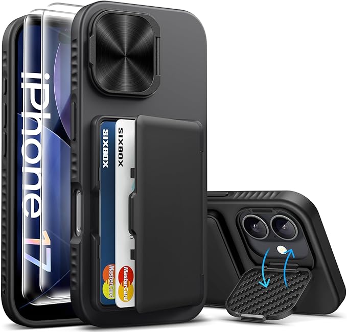 for iPhone 17 Case Wallet with Stand, Built-in [2 Pack] Screen Protector & Card Holder & Camera Cover, Military Grade Drop Protection Phone Case for iPhone 17 6.3" 2025, Black