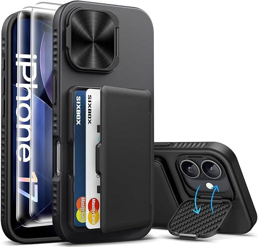for iPhone 17 Case Wallet with Stand, Built-in [2 Pack] Screen Protector & Card Holder & Camera Cover, Military Grade Drop Protection Phone Case for iPhone 17 6.3" 2025, Black