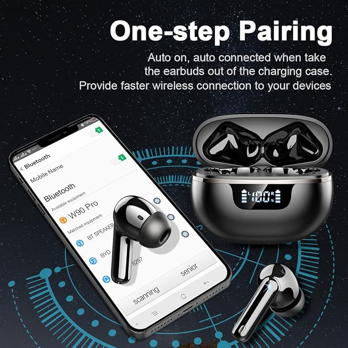 Wireless Earbuds Bluetooth Headphones Noise Cancelling, Bluetooth 5.4 Ear bud with Dynamic Drivers Stereo, 40H Playtime Sports Earphones Wireless Waterproof with LED Power Display for Laptop Pad Phone