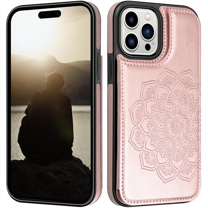 MMHUO for iPhone 15 Pro Case with Card Holder,Flower Magnetic Buttons Protective Wallet Case for Women for iPhone 15 Pro,Rose Gold
