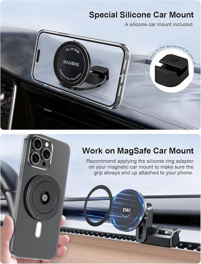 EWA MagOne Ultra (Plate Edition) Phone Grip Stand with Leather Finger Strap, Removable Magnetic Ring Holder Kickstand Loop, Double-Sided Magnetic Accessories for Phone-Black