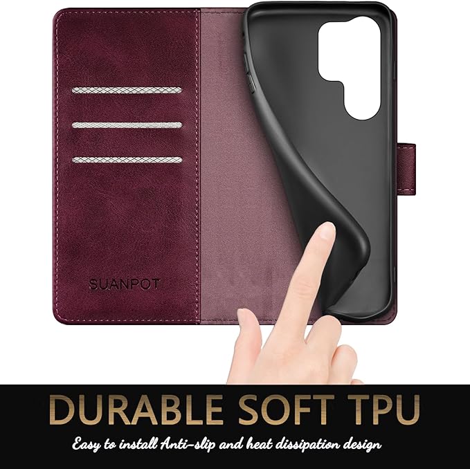 SUANPOT Compatible with Samsung Galaxy S25 Ultra Wallet case with RFID Blocking Credit Card Holder,Flip Book PU Leather Protective Cover Women Men for Samsung S25 Ultra Phone case Wine Red