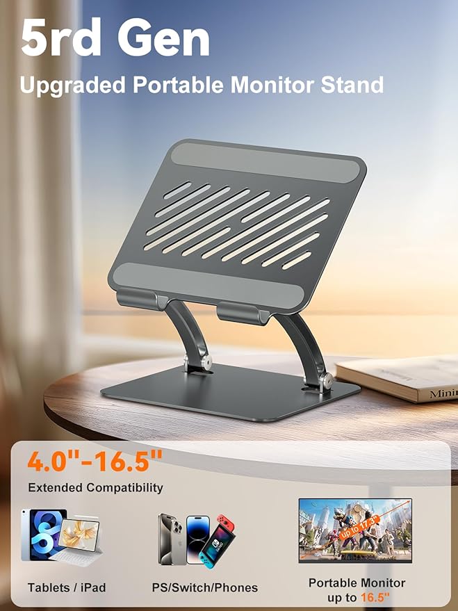 tounee Tablet Holder Stand, Dual Rod Adjustable Aluminum Desktop Stand, Compatible with 4.7-16.5" iPads, Surface Tablets, Portable Monitors, Kindle & More (Gray)