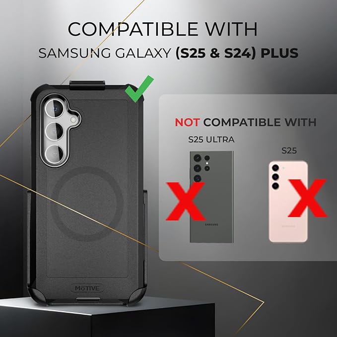 MOTIVE Designed for Samsung Galaxy s25 Plus Case with Belt Clip, Magnetic Case Magsafe Compatible, Heavy Duty and Quad Layer MG-Protection for s25 Plus Holster, 6.7" | Black [Fits s24 Plus]