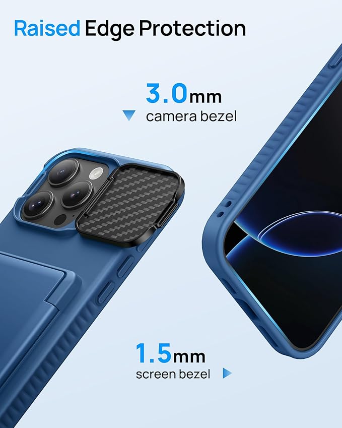 for iPhone 16 Pro Case with Card Holder & Kickstand, Built-in Camera Lens Cover, Shockproof Rugged Silicone Raised Edge Protective Stand Wallet Phone Case for 16 Pro 6.3", Blue