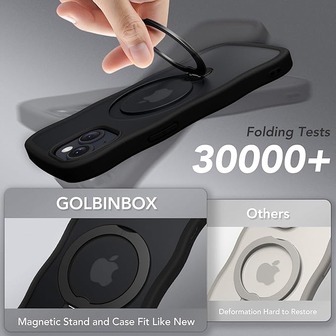 for iPhone 13 Case & iPhone 14 Case for Women,[Compatible with Magsafe][360° Spin Magnetic Stand][Cute Wave Edge][Military-Grade Protection]Translucent Matte Phone case for iPhone 13/14, Black