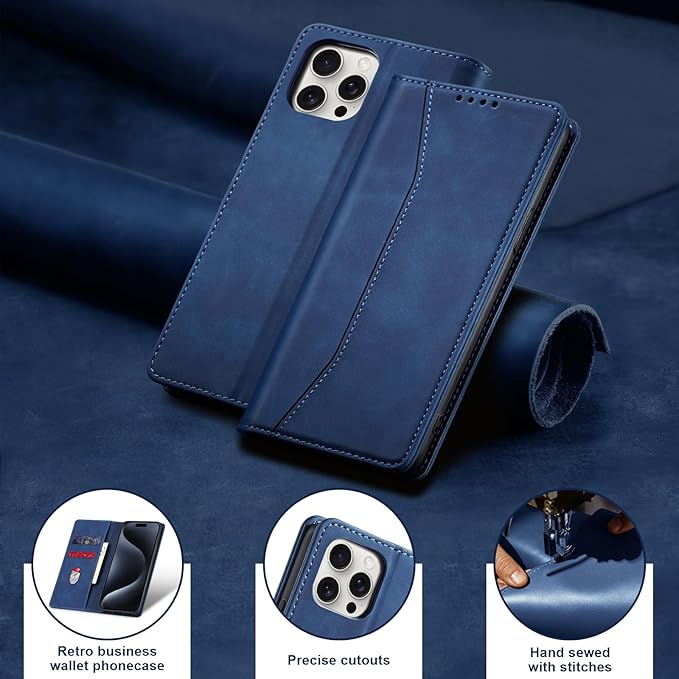 Jasonyu Flip Wallet Case for iPhone 15 Pro,Leather Magnetic Folio Cover with Card Holder,Kickstand - TPU Shockproof Durable Protective Phone Case,Blue