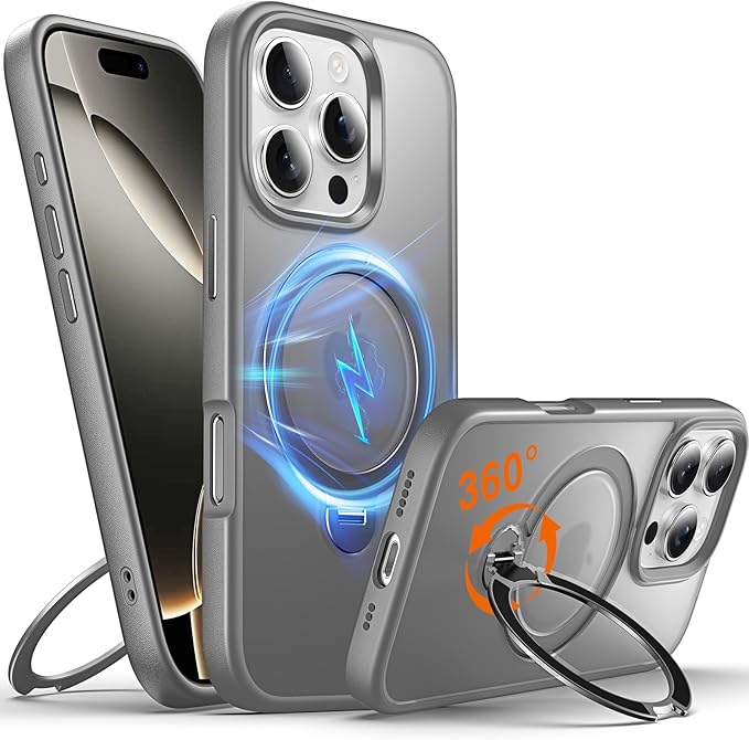 360° O-Ring MagStander for iPhone 16 Pro Case with Magnetic Kickstand Ring Holder [Compatible with MagSafe][360°Rotate Stand Ring][Military Shockproof] iPhone 16 Pro Phone Cover Matte Grey