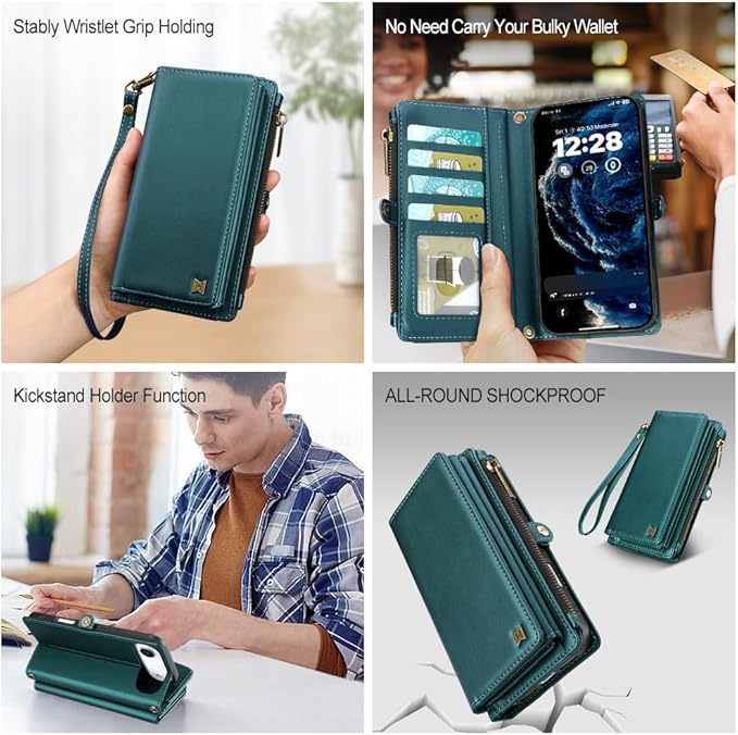 for iPhone Air Wallet Phone Case with 8 Card Holder,RFID Blocking | PU Leather | Kickstand | Flip | Wrist Strap&Shoulder Strap | Shockproof | Zipper Wallet | Women Men | 6.5" | Green