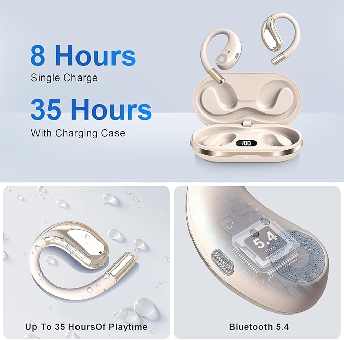 Open Ear Clip Wireless Earbuds Bone Conduction Headphones, Bluetooth 5.4,Open Ear Design,Built-in Mic, IPX5 Waterproof,LED Display Charging Case,Ear Hooks Ear Buds Design for Running Fitness ,Khaki﻿ ﻿