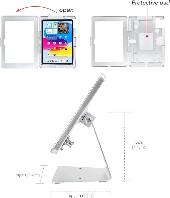 Desktop Anti-Theft Security Kiosk Stand Holder for 2025 iPad 11" (A16) 11th / 2022 iPad 10.9" 10th Gen.,with Lock & Key,Flip &360°Rotating Horizontal or Vertical,Metal(Silver)