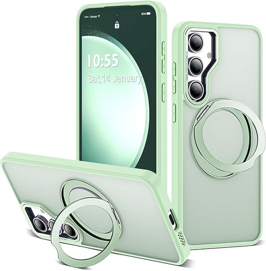 for Samsung Galaxy S23 FE Case with 360° Rotatable Magnetic Ring Stand Compatible with Mag-Safe Military Protection Shockproof Matte Translucent Phone Cases for S23 FE,Green
