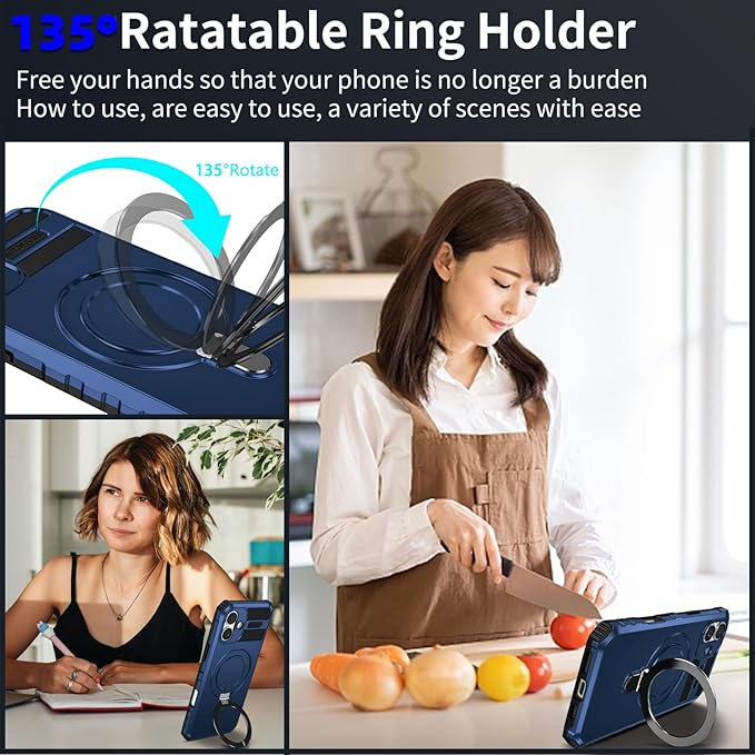 for iPhone 16 Plus Case Magnetic Compatible with MagSafe Wireless Charging,with 2 Screen Protector,with Kickstand Ring Shockproof Shock-Absorbent Heavy Duty Protection Scratch Resistant Blue