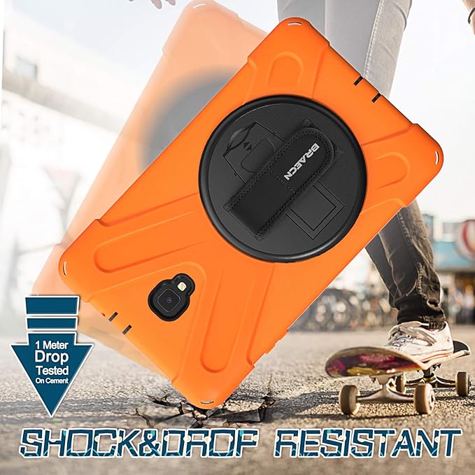 BRAECNstock for Samsung Galaxy Tab A 8.0 (SM-T380/T385) Heavy Duty Shockproof Case with 360 Rotating Kickstand & Hand Strap Shoulder Strap - Orange