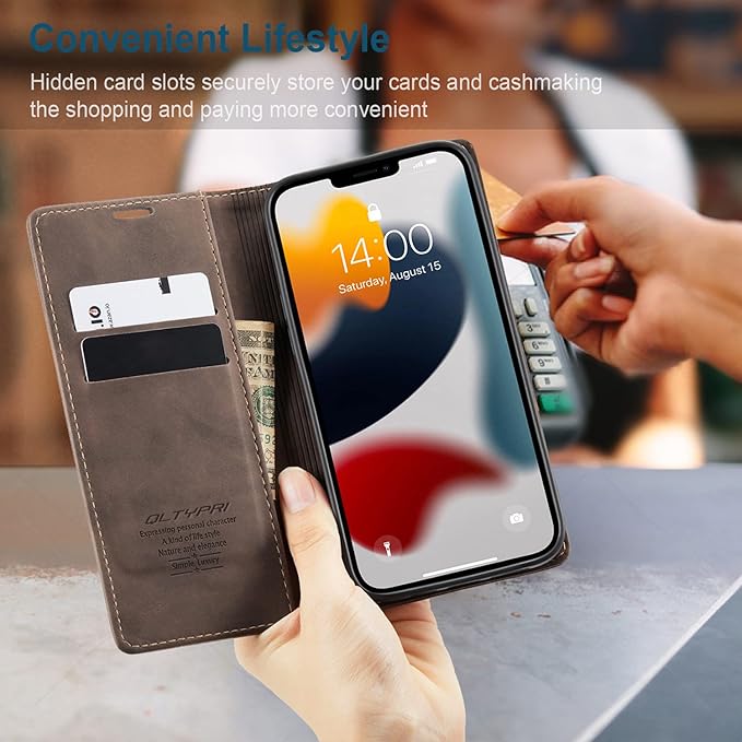 QLTYPRI Case for iPhone 14, Vintage PU Leather Wallet Case Card Slot Kickstand Magnetic Closure Shockproof Flip Folio Book Case Cover for iPhone 14(6.1 inch) - Coffee Brown