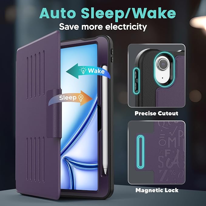 SEYMAC for iPad Air 11 inch Case M3/ M2 (2025/2024), Full Protective Auto Sleep/Wake Strong Magnetic Cover with 5 Standing Angles, Pencil Holder, Purple