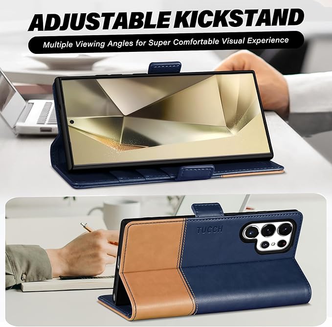 TUCCH Case Wallet for Galaxy S25 Ultra, PU Leather Magnetic Kickstand [RFID Blocking] Card Slot Folio Flip Cover with [TPU Shockproof Interior Case] Compatible with Galaxy S25 Ultra, Blue & Brown