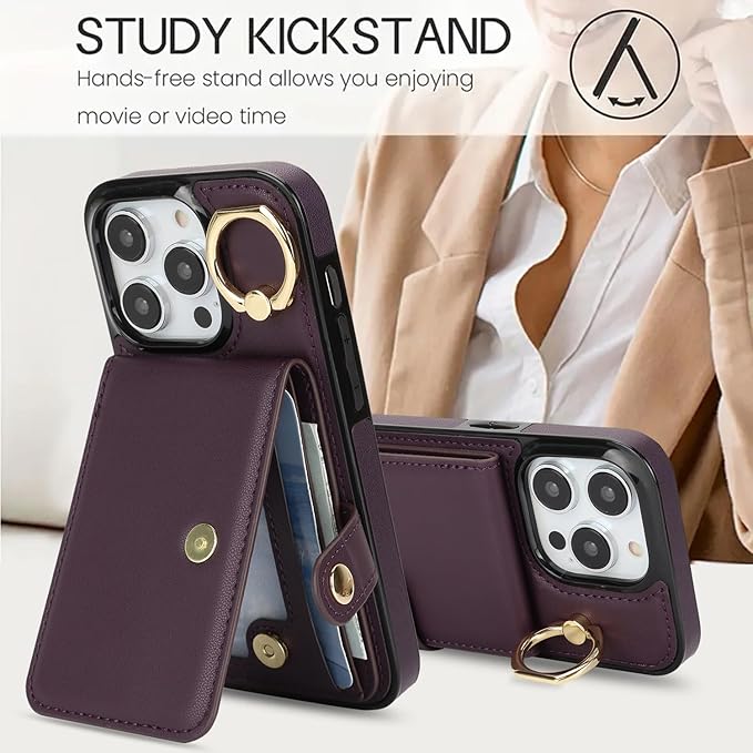 Compatible iPhone 16 Pro Wallet Case with Card Holder RFID Blocking PU Leather Doubles as a Wallet Unisex Flip Shockproof Protection with Card Slots Ring Wrist Kickstand Function,Purple