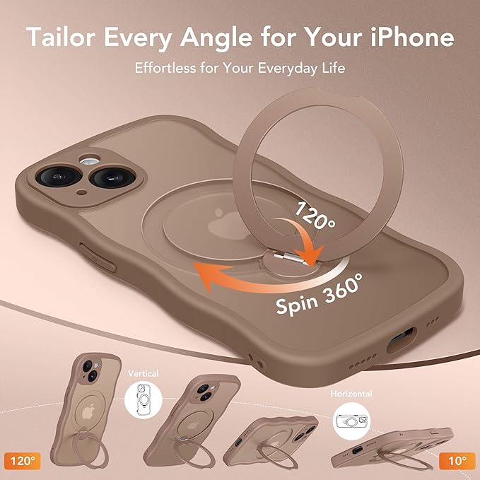 GolbinBox for iPhone 15 Case for Women,[Compatible with Magsafe][360° Spin Magnetic Stand][Cute Wave Edge][Military-Grade Protection] Translucent Matte Phone Case for iPhone 15, Brown