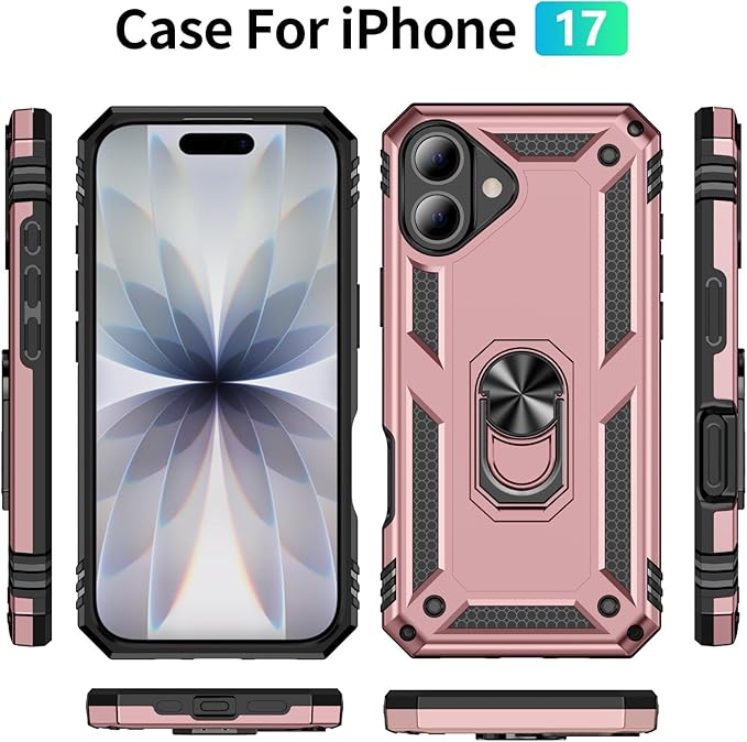 ADDIT Compatible with iPhone 17 Case with Tempered Glass Screen Protector, Adjustable Kickstand Ring, Military-Grade Heavy Duty Protection, Shockproof, Anti-Fingerprint,Rose Gold