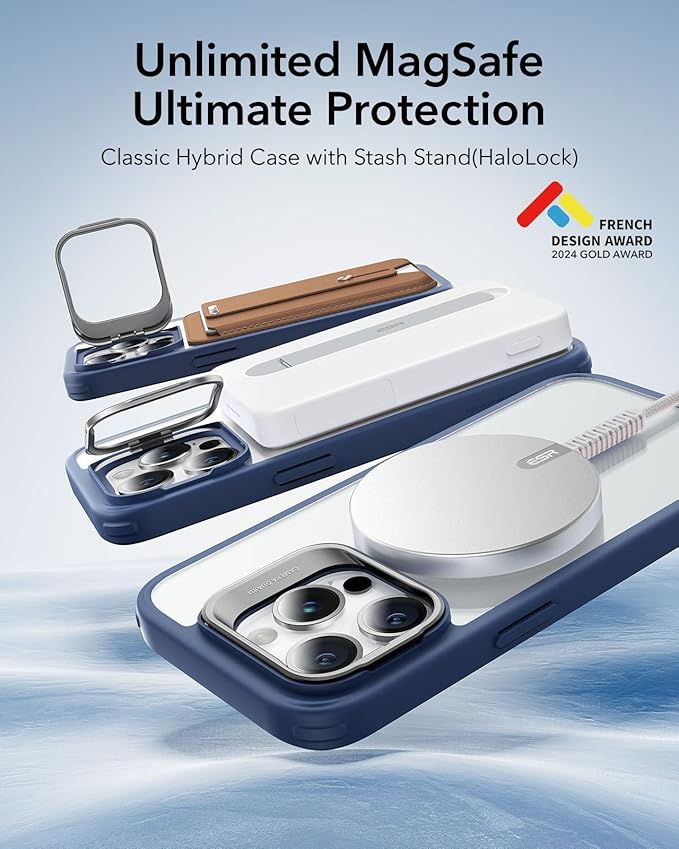 ESR for iPhone 14 Pro Case, Compatible with MagSafe, Built-in Stash Stand Clear Phone Case for iPhone 14 Pro, Military-Grade Protection, Magnetic Phone Case, Classic Series, Clear Dark Blue