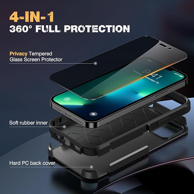 Diaclara Designed for iPhone 13 Pro Max Case, [with Privacy Screen Protector] [Anti Spy] [Military Grade Drop Protection] Heavy Duty Full-Body Shockproof Phone Case, Black