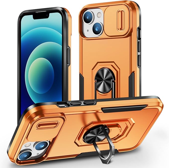 Phone Case for iPhone 14 Case with Camera Lens Cover, with Ring Holder Kickstand, fit Magnetic Car Mount, for iPhone 14 - Orange