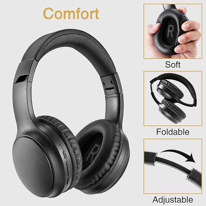 A10 Noise Cancelling Headphones Wireless, Black Bluetooth Headset with Mic, Bluetooth 5.3, HiFi Stereo Sound, Deep Bass, 20+H Playtime, Lightweight On Ear Wired Headphones for Tablet/PC