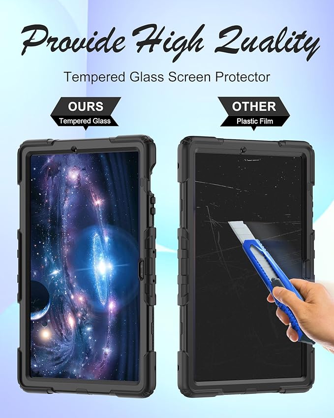 Case for Samsung Galaxy Tab S10 FE Plus 5G Tablet 13.1'', Shockproof Protective Cover with Tempered Glass Screen Protector, Rotatable Kickstand, S Pen Holder, Hand/Shoulder Strap, Black