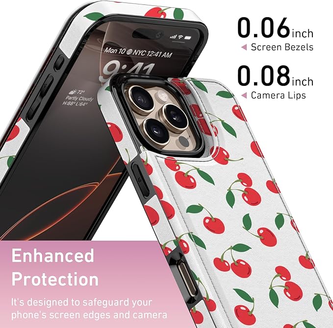FUNMIKO for iPhone 16 Pro Max Wallet Case with Card Holder, RFID-Blocking, Military-Grade Protection & UV-Printed Artwork, Magnetic Closure with Leather Kickstand - Juicy Cherries