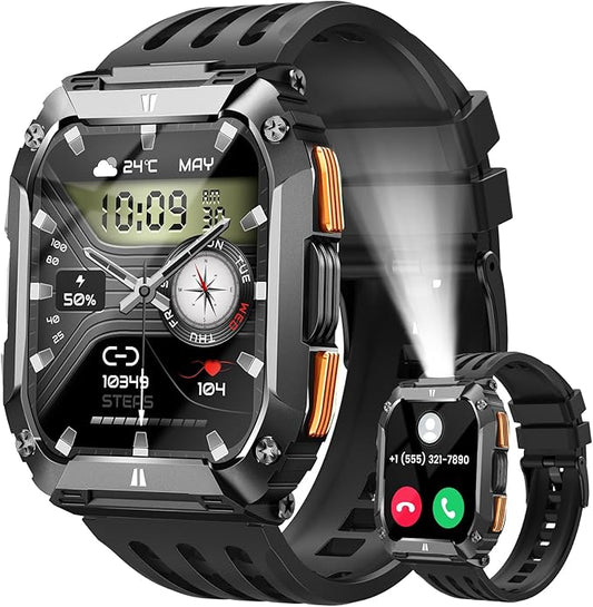 Smart Watches for Men Fitness Watch: 100 Days Battery Life/Call/Answer 1.95'' Mens Military Smart Watch for Android & iPhone, Fitness Tracker with Flashlight/Heart Rate Sleep Monitor/100+ Sport Modes