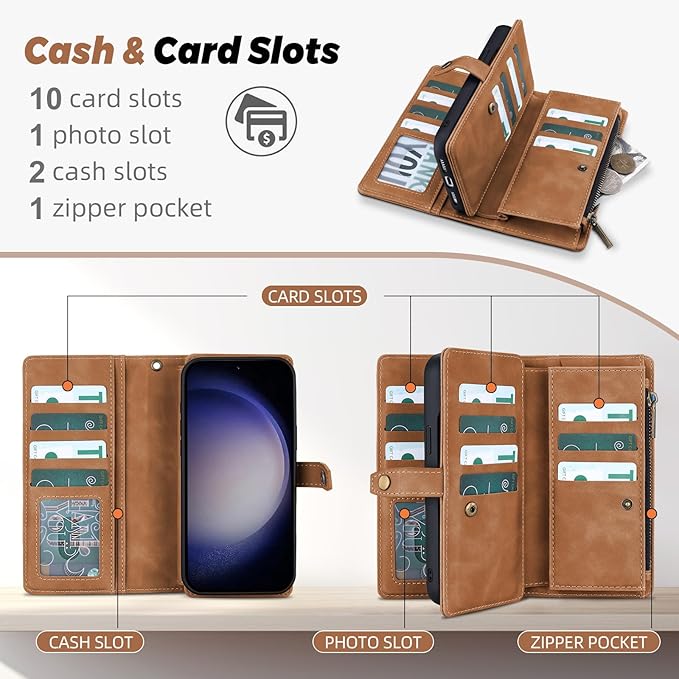 TwoHead for Samsung Galaxy S23 Wallet Case with Card Holder & Detachable Magnetic Phone Case for Galaxy S23,PU Leather Shockproof Protective Phone Cover Wallet with Wrist Strap(6.1 in,Brown)