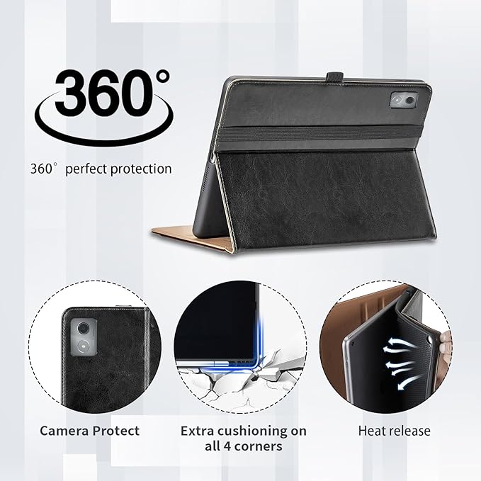 Case for Lenovo Tab K11 Plus 11.45 Inch 2024 - PU Leather Business Folio Protective Cover with Hand Strap and Pocket, Black