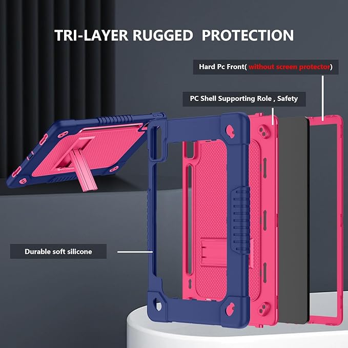 for Lenovo Tab P12 Case,for Lenovo Tab P12 12.7 Inch Tablet Case,Heavy Duty Kids Shockproof with Kickstand Shoulder Strap Cover for Lenovo Tab P12 2023/2024/Xiaoxin Pad Pro (Navy/Pink)