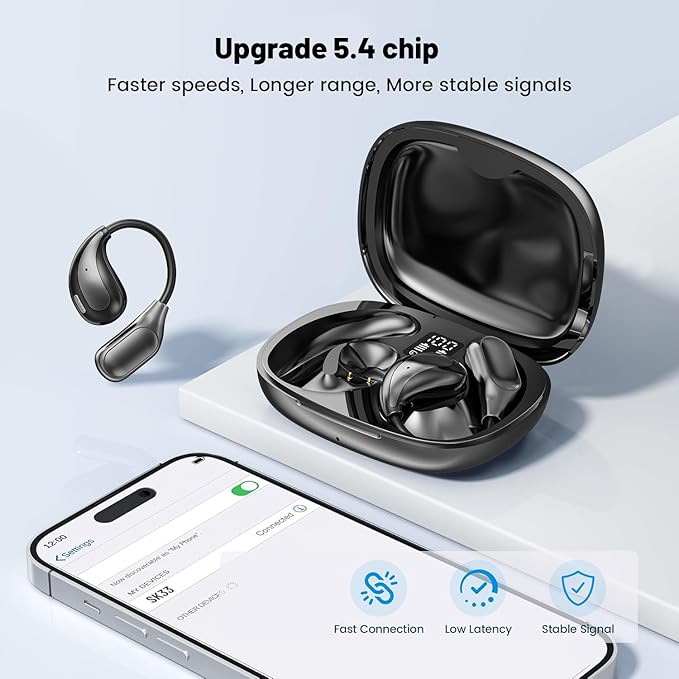 Open Ear Wireless Bluetooth Headphones, Sport Over Headset Built-in Mic, LED Display, Touch Control Earphones, IPX5 Waterproof for Sports Running Driving Cycling (Khaki)