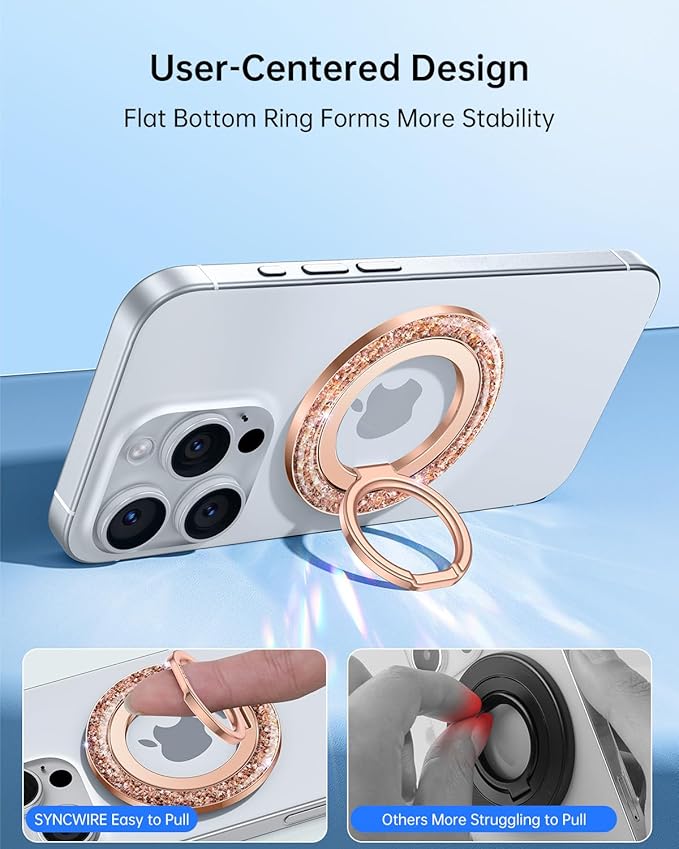 SYNCWIRE Magnetic Phone Ring Holder for MagSafe - Glitter Phone Grip Stand with 360° Rotation & Reinforced Hinge, Compatible with iPhone 16 15 14 13 Pro Max Plus MagSafe Accessories - Rose Gold