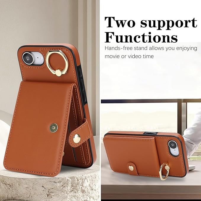 Compatible iPhone 16e Wallet Case with Card Holder RFID Blocking PU Leather Doubles as a Wallet Unisex Flip Shockproof Protection with Card Slots Ring Wrist Kickstand Function,Brown