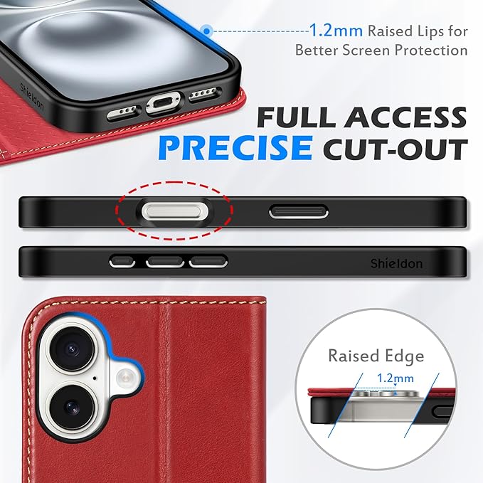 SHIELDON Case for iPhone 16 5G 2024, Genuine Leather Foldable Wallet Case Magnetic Closure Kickstand RFID Blocking Card Holder Shock-Absorbent Phone Cover Compatible with iPhone 16 6.1" - Retro Red