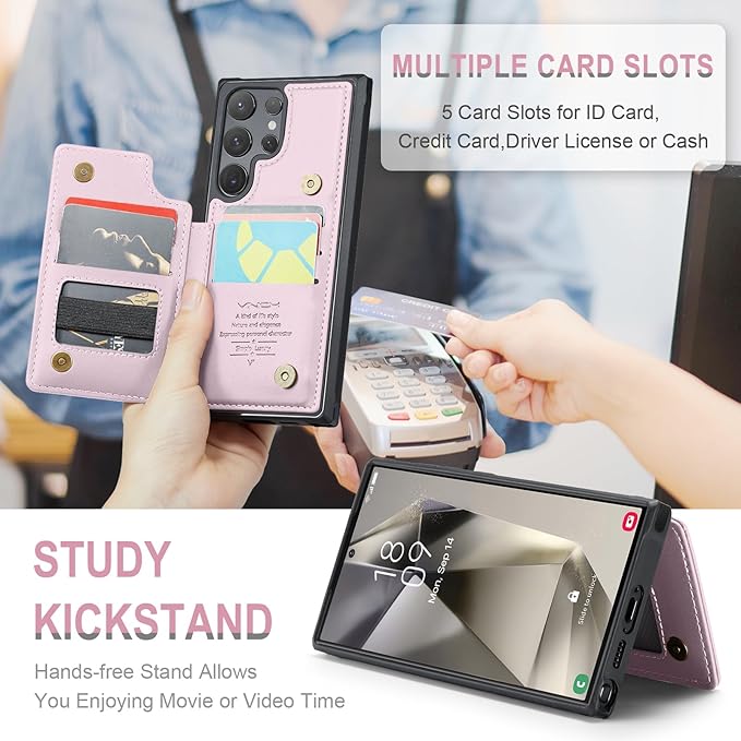 Vinich for Samsung Galaxy S24 Ultra Wallet Case with Card Holder, RFID Blocking Credit Slots Kickstand Shockproof Phone Cover for Women Men, Pink
