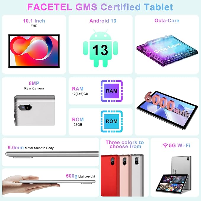 Tablet 10 inch 2025 Android 13 Octa-Core 2.0 GHz with 12GB RAM 128GB ROM TF 1TB, 5G WiFi, 6000mAh, FHD IPS Touchscreen, Bluetooth 5.0, 1280 * 800, 5+8 MP, 2 in 1 Tablet with Keyboard and Mouse, Silver